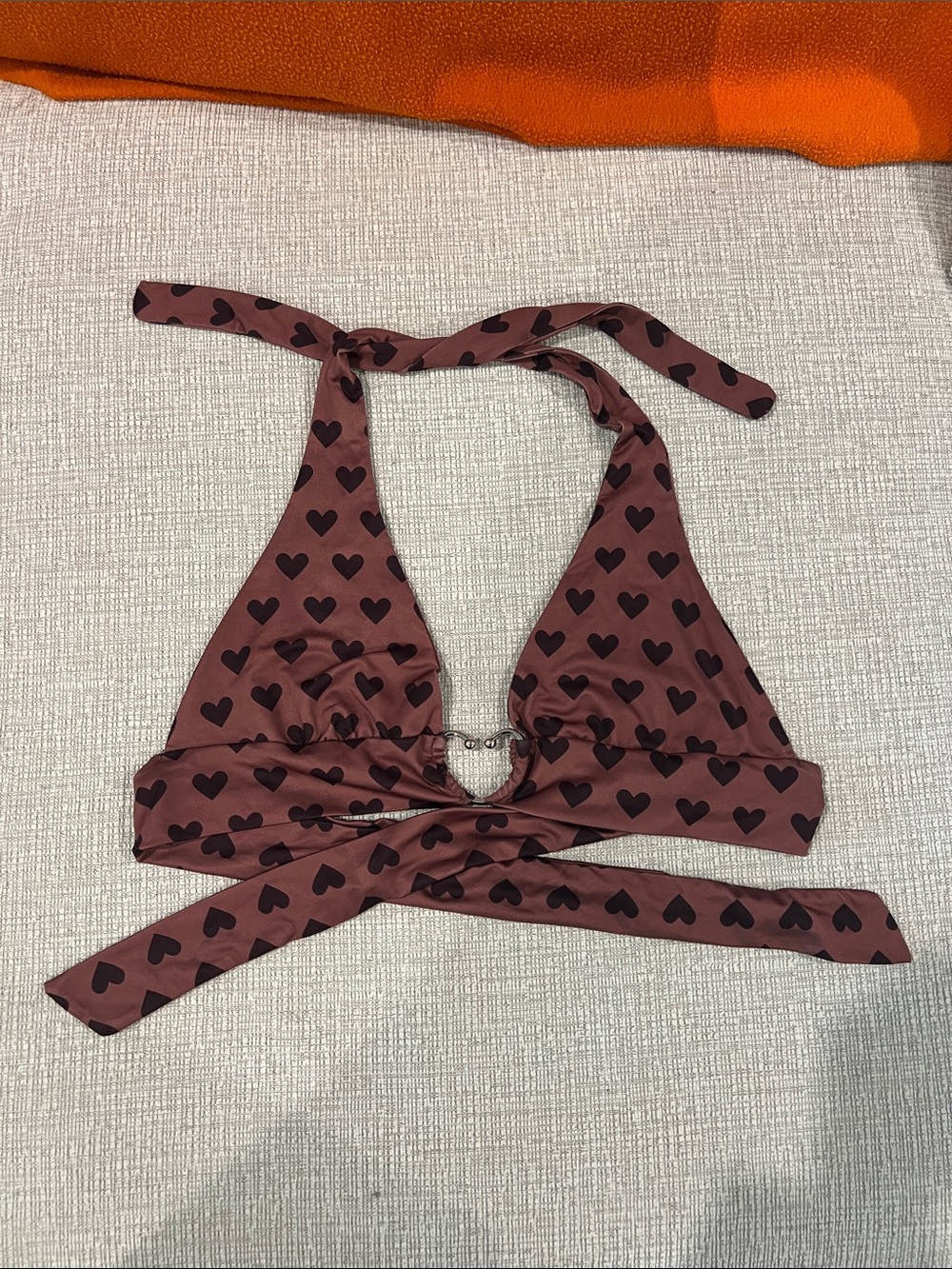 Heart Print Halter Bikini Top - Mauve Brown with Black Hearts